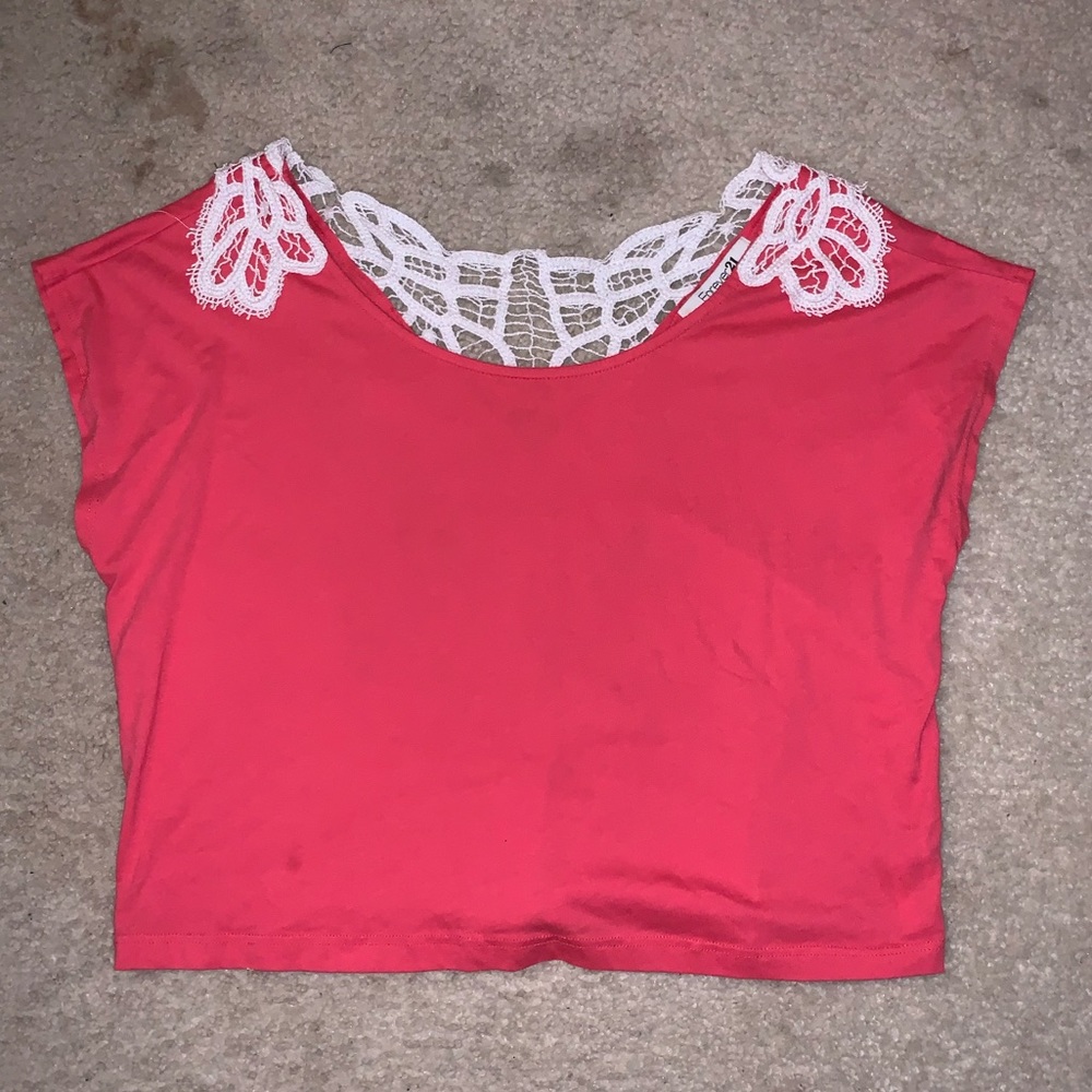PINK CROP TOP W LACE BACK DETAILS